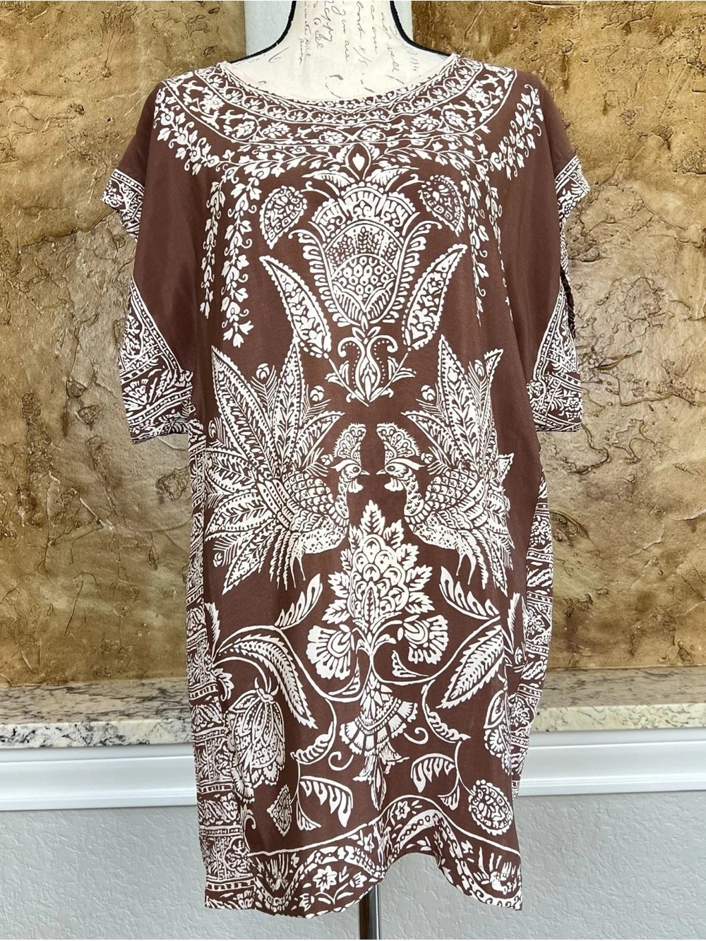 Free People Brown Midi Dress with White Bird & Floral Print